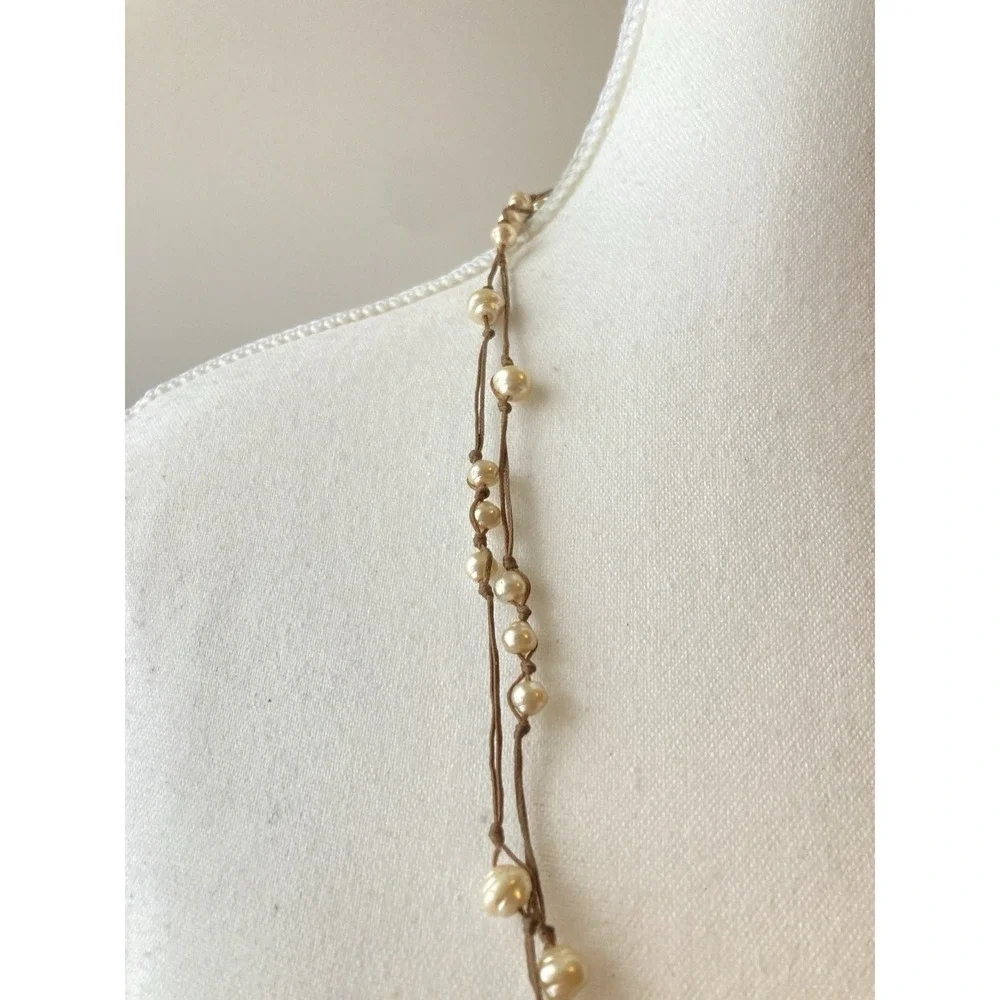 Layered Faux Pearl Cord Necklace Cream & Earthy Brown Cord Long‎ Boho  Romantic